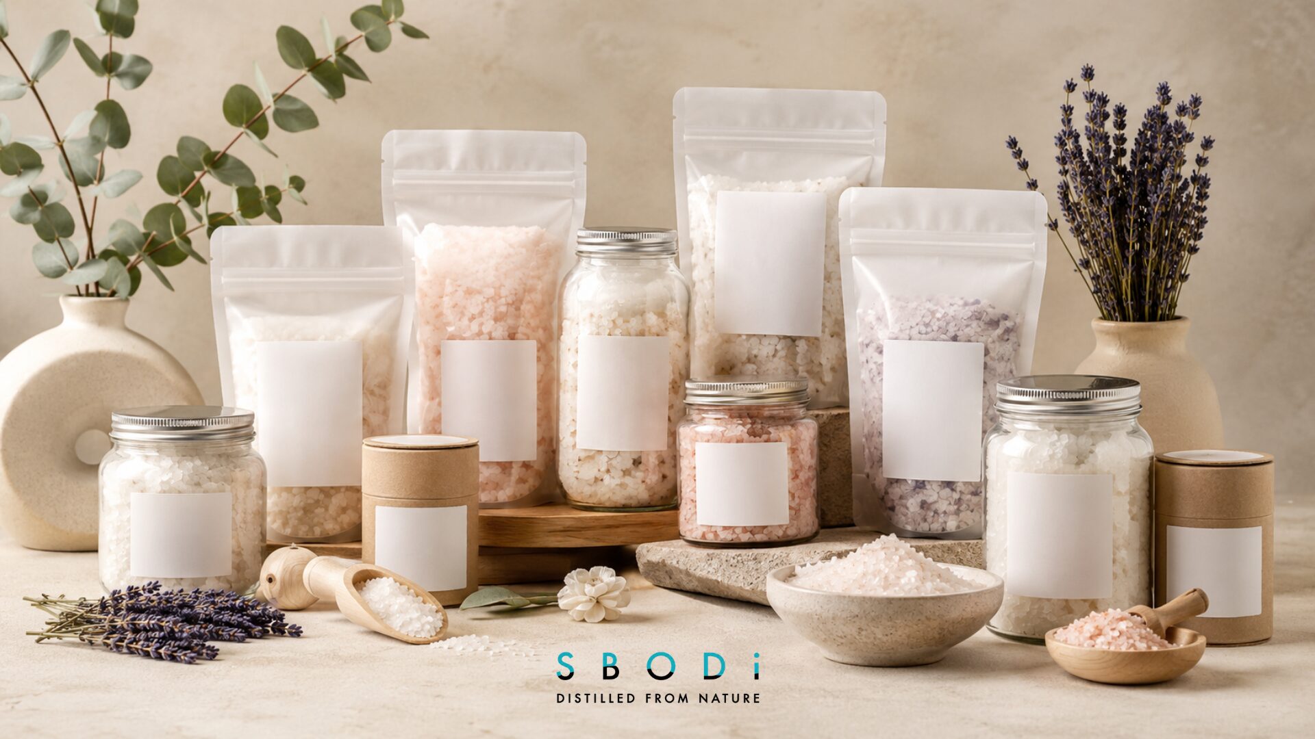 wholesale bath salts USA collection with jars pouches and bath soak packaging