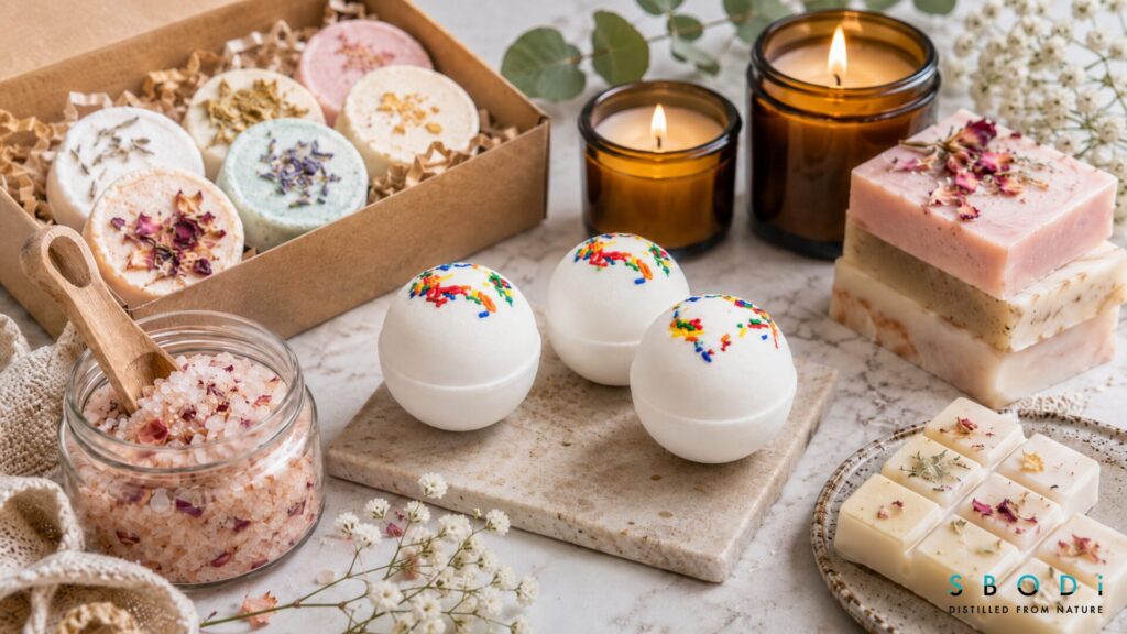 birthday cake bath bombs paired with shower steamers bath salts candles and soap
