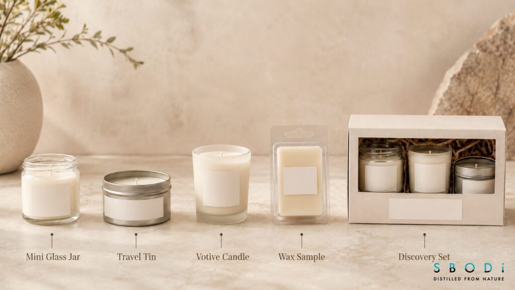 Different sample candle formats including jars, tins, votives, and wax samples