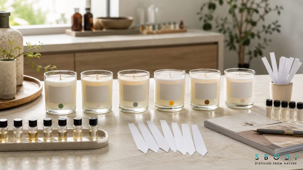 Candle fragrance samples organized for scent evaluation