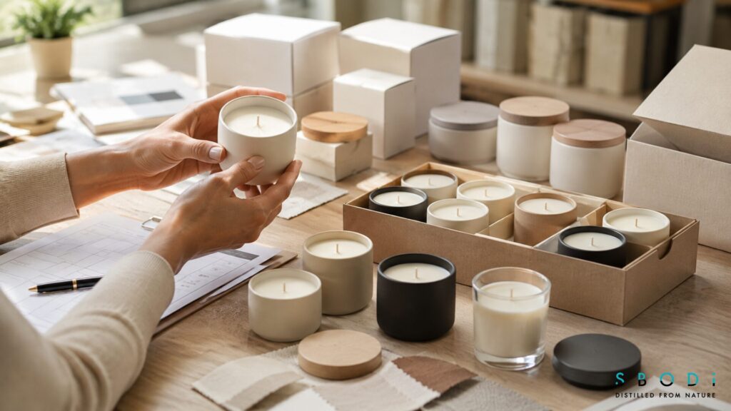 Inspecting sample candles for wax wick vessel and packaging quality