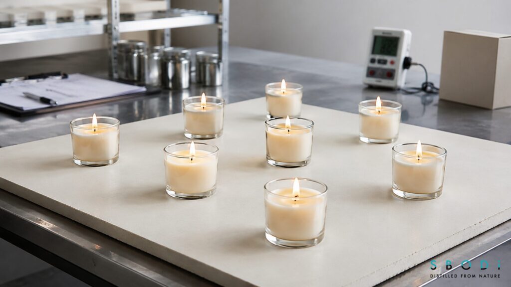 Sample candles undergoing controlled burn testing for performance review