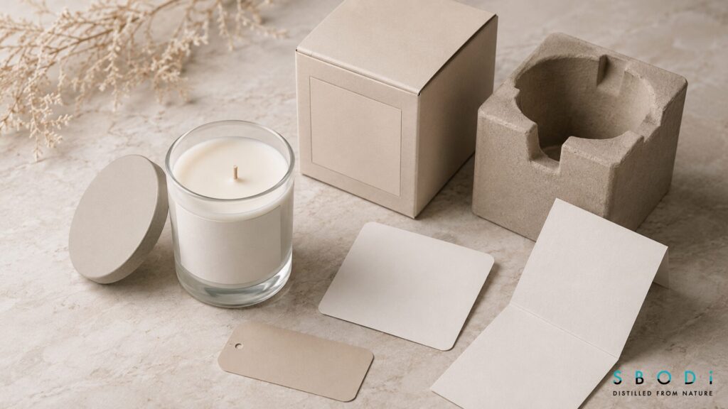 Sample candle packaging with lid carton insert and label areas