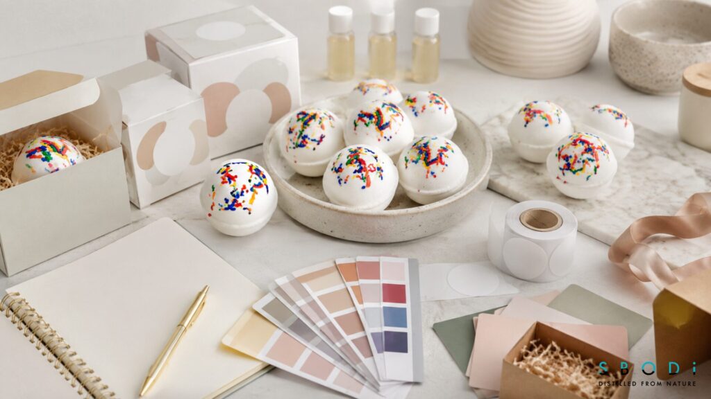 planning birthday cake bath bombs collection with packaging and label mockups