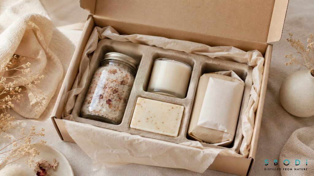 Sample candle packed inside a subscription box with coordinated self care products