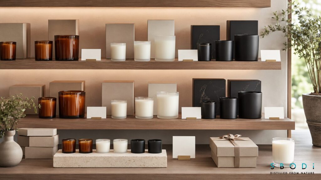 Retail display of sample candles beside matching full size candles
