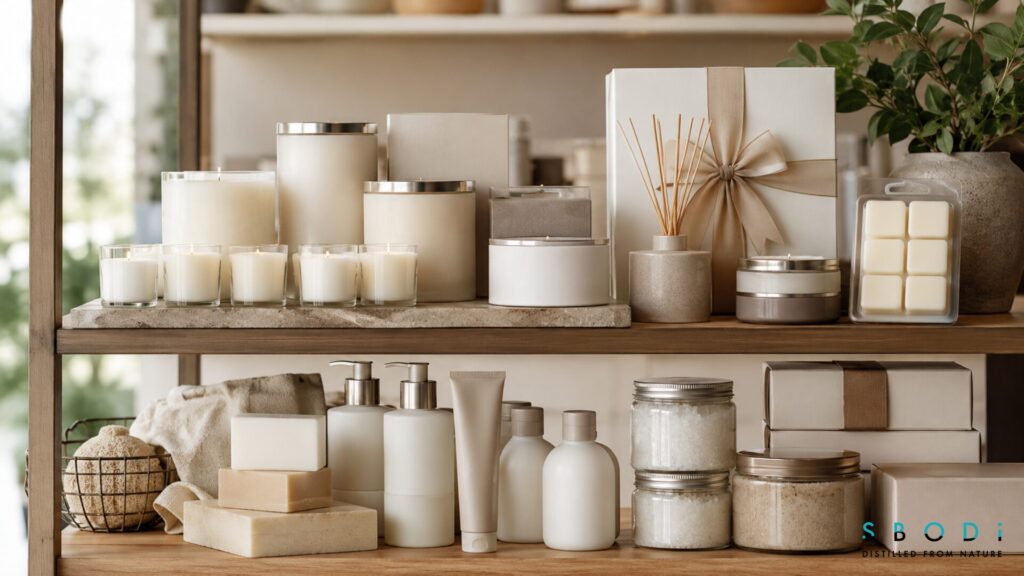 Coordinated sample candles and wellness product collection for retail and gifting