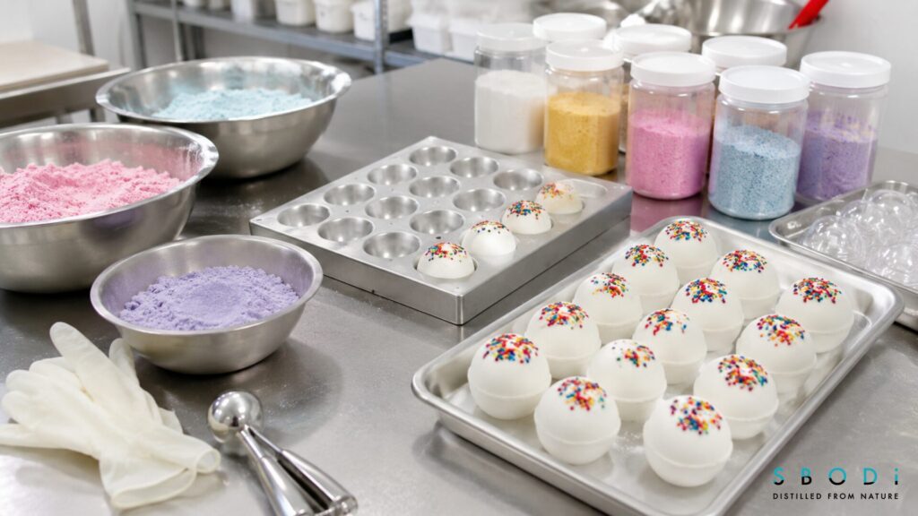 birthday cake bath bomb manufacturing workspace with molds and ingredients