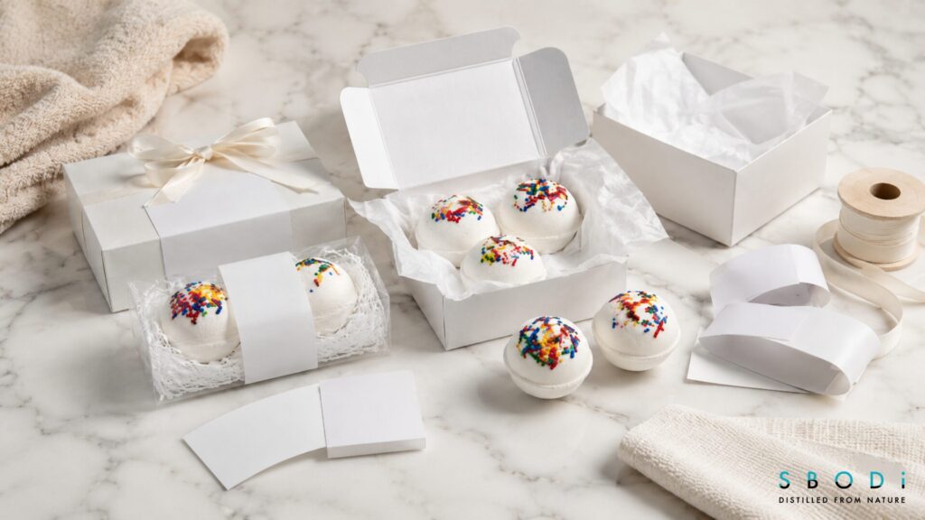 birthday cake bath bomb packaging with boxes labels and gift wrap