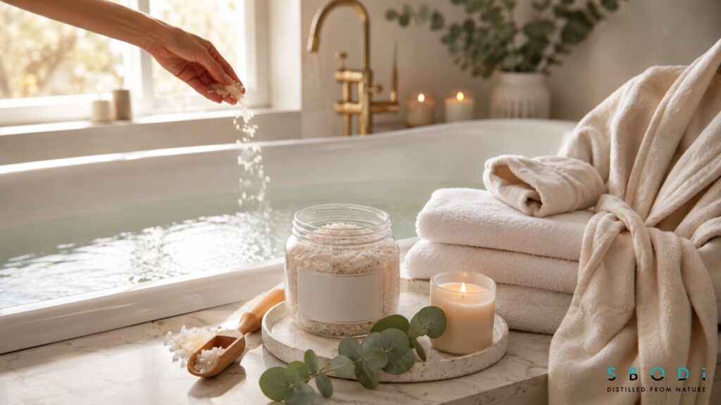 Why Wholesale Bath Salts Remain Popular in Self-Care Markets 2 Bath salts used in a spa-inspired self-care bathing routine