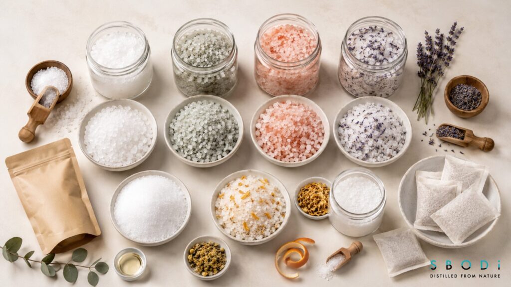 Why Wholesale Bath Salts Remain Popular in Self-Care Markets 3 Different wholesale bath salt categories and scent options