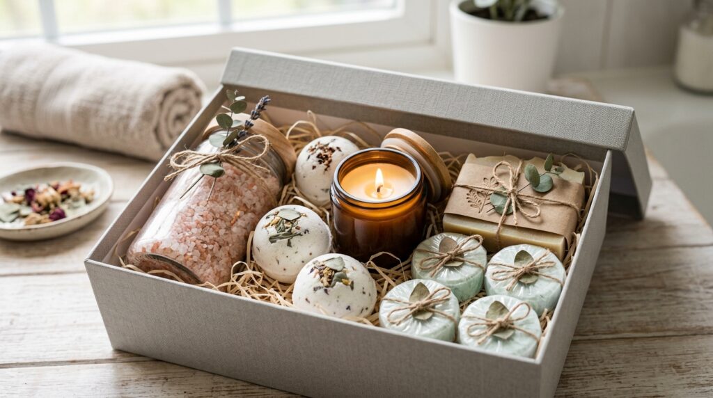 White Bath Bombs and Why Minimal Designs Sell Better 5 White bath bombs with shower steamers bath salts candle and soap