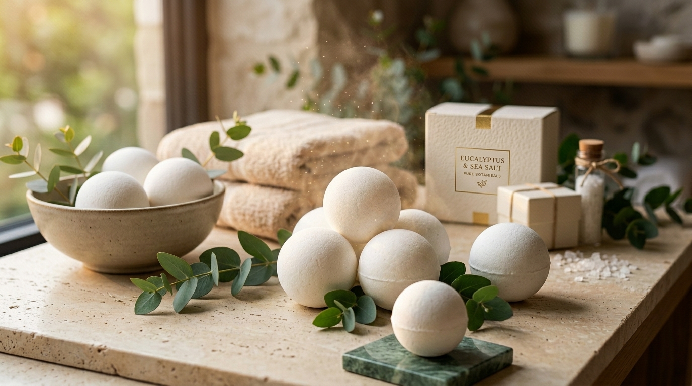 White bath bombs in a minimal spa product arrangement