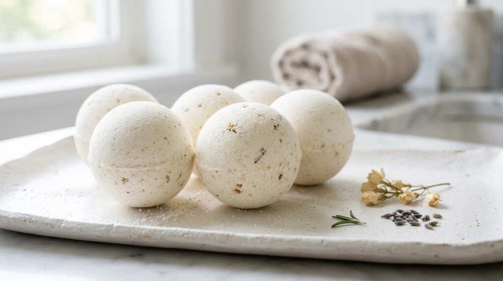 White Bath Bombs and Why Minimal Designs Sell Better 1 Close-up of smooth white bath bombs with minimal design