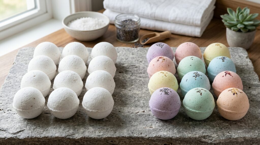 White Bath Bombs and Why Minimal Designs Sell Better 3 White bath bombs compared with colorful bath bombs