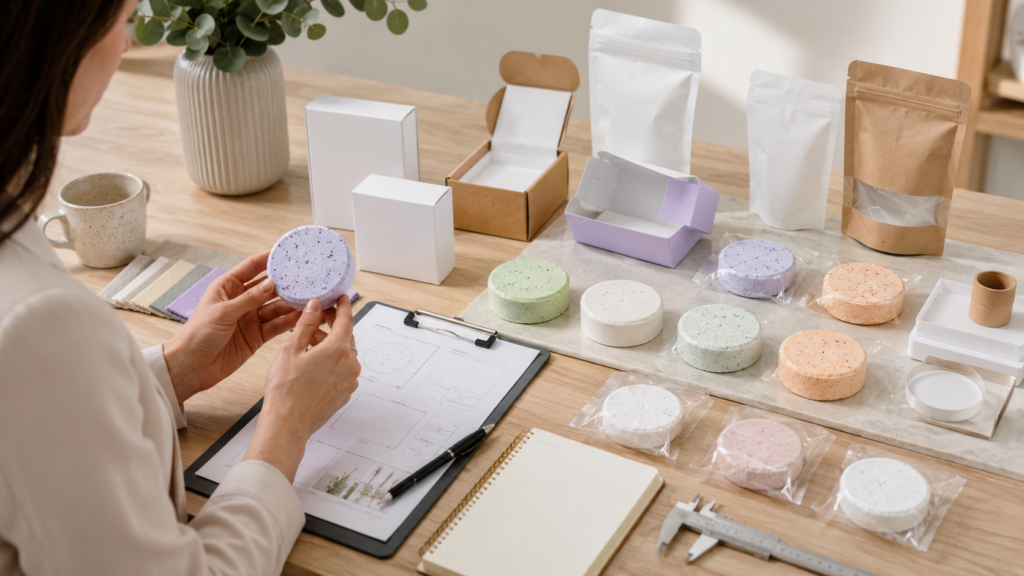 Shower steamer sample review with packaging and supplier evaluation materials