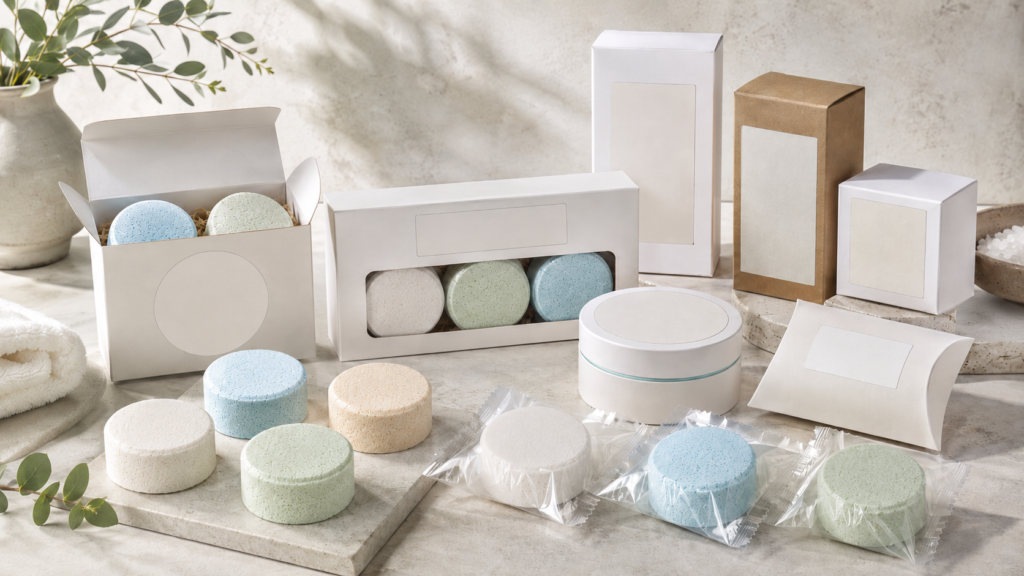 Individually wrapped shower steamers with boxes sleeves and branding options
