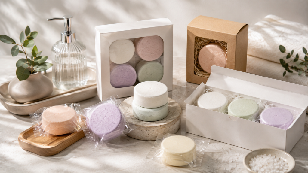 Shower steamer singles multipacks and gift set packaging for retail launch