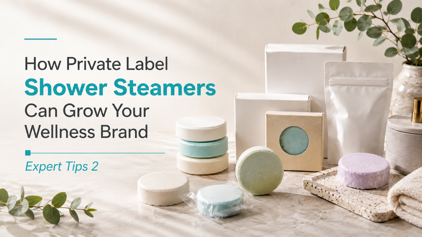 Private label shower steamers displayed with premium blank wellness packaging