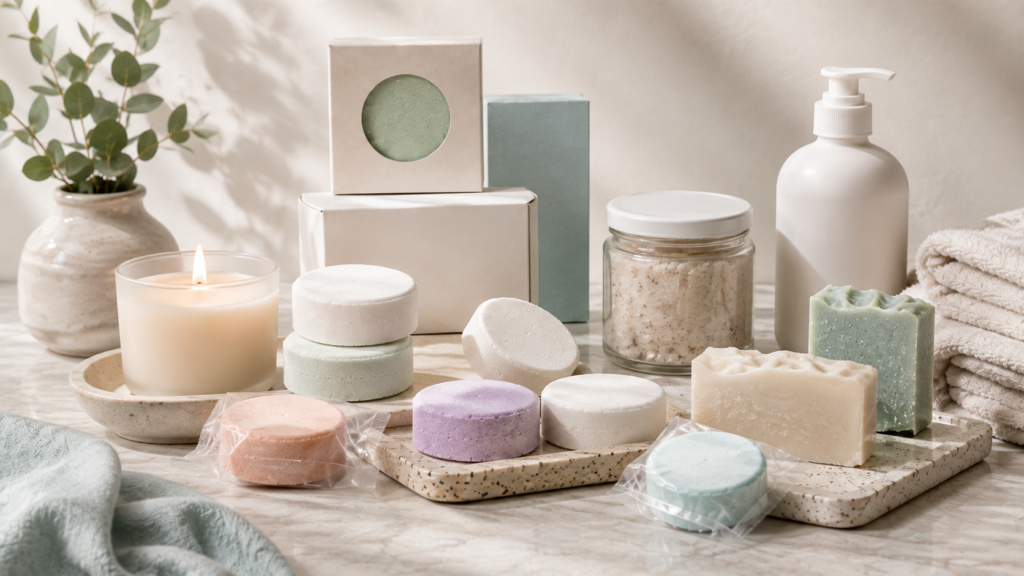 Private label shower steamers displayed with complementary wellness products