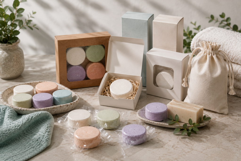 Individually wrapped shower steamers with blank boxes and packaging options