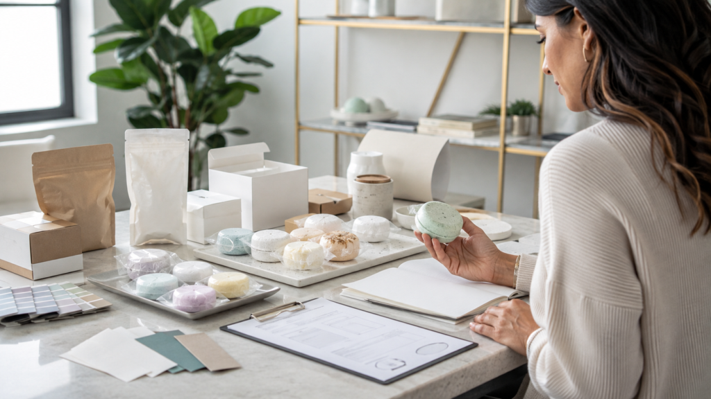 Wholesale buyer reviewing private label shower steamer samples and packaging