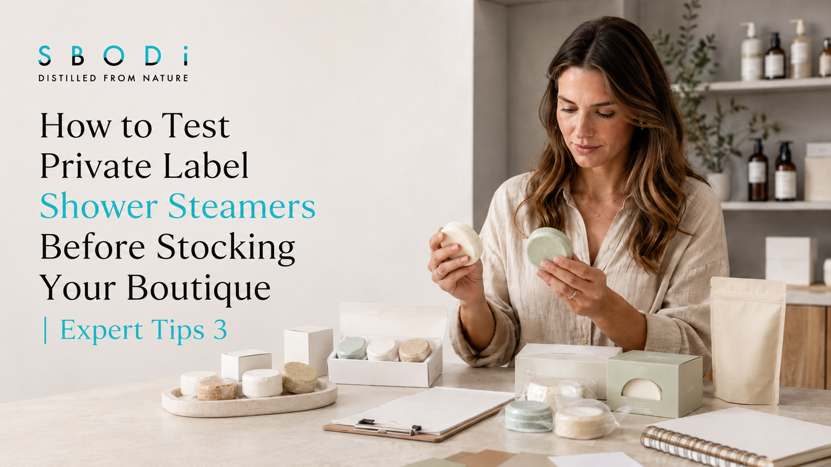 Boutique buyer testing private label shower steamer samples before placing a wholesale order