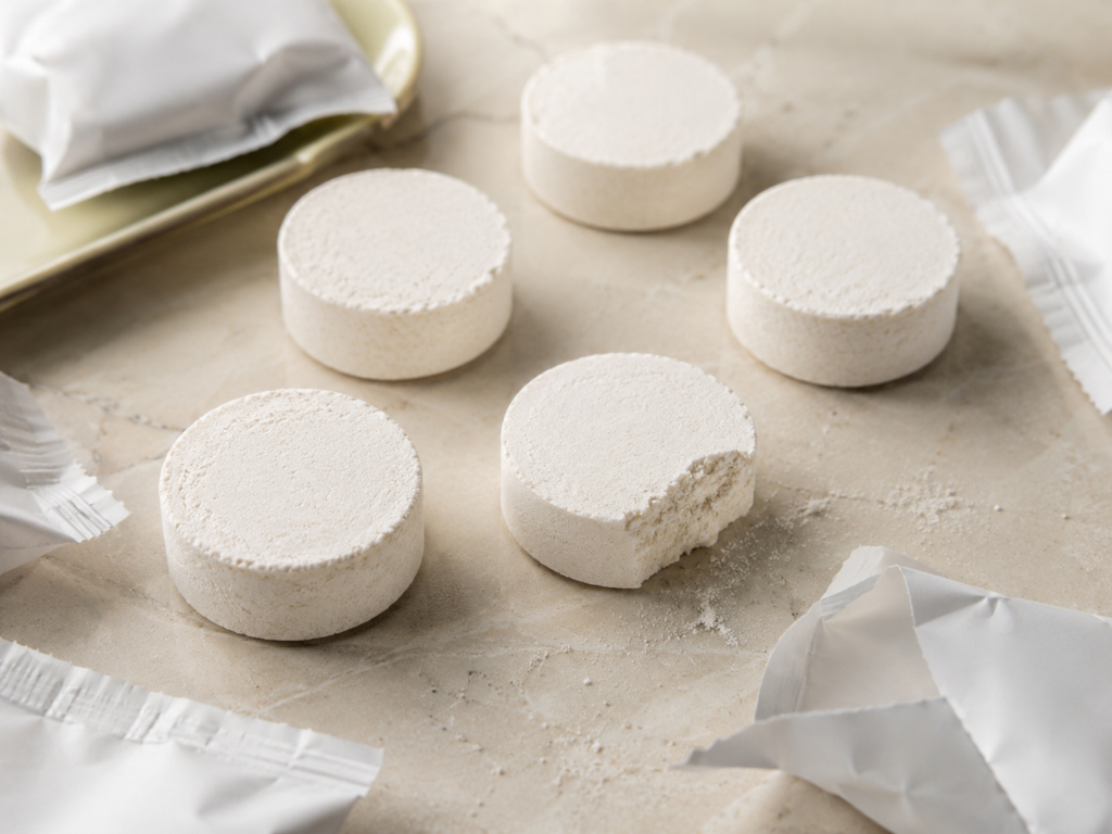 Private label shower steamers being checked for cracks, consistency, and tablet durability
