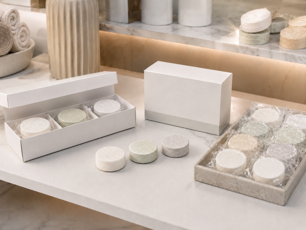 Individually wrapped private label shower steamers displayed in boutique-ready packaging