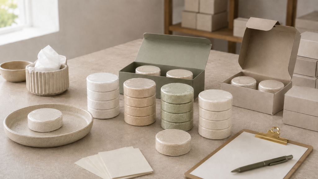 Small pilot order of private label shower steamers prepared for boutique retail testing