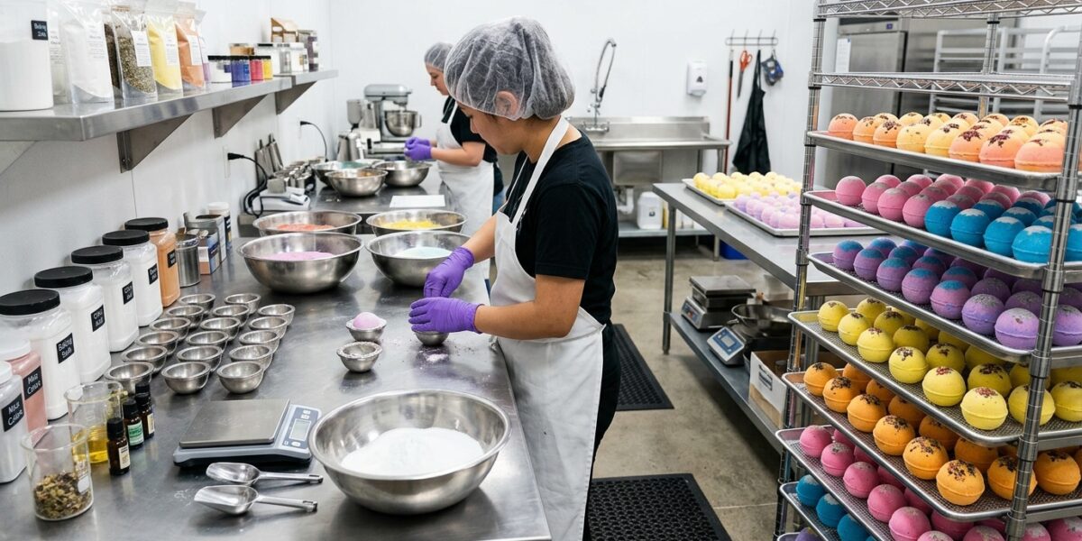 Realistic manufacturing workspace with bath bomb ingredients, stainless steel bowls, molds, gloves, measuring tools, and finished bath bombs drying on trays, clean organized production setting, professional commercial photography, no text