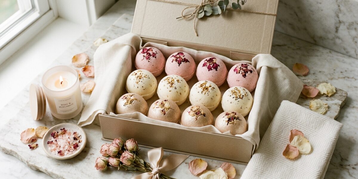 Romantic bath bombs arranged in a couples gift box with candles and soft spa packaging