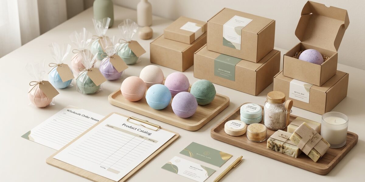 Premium bath bomb wholesale product planning workspace with pastel bath bombs, kraft packaging, soaps, bath salts, shower steamers, candle, and supplier order notes.