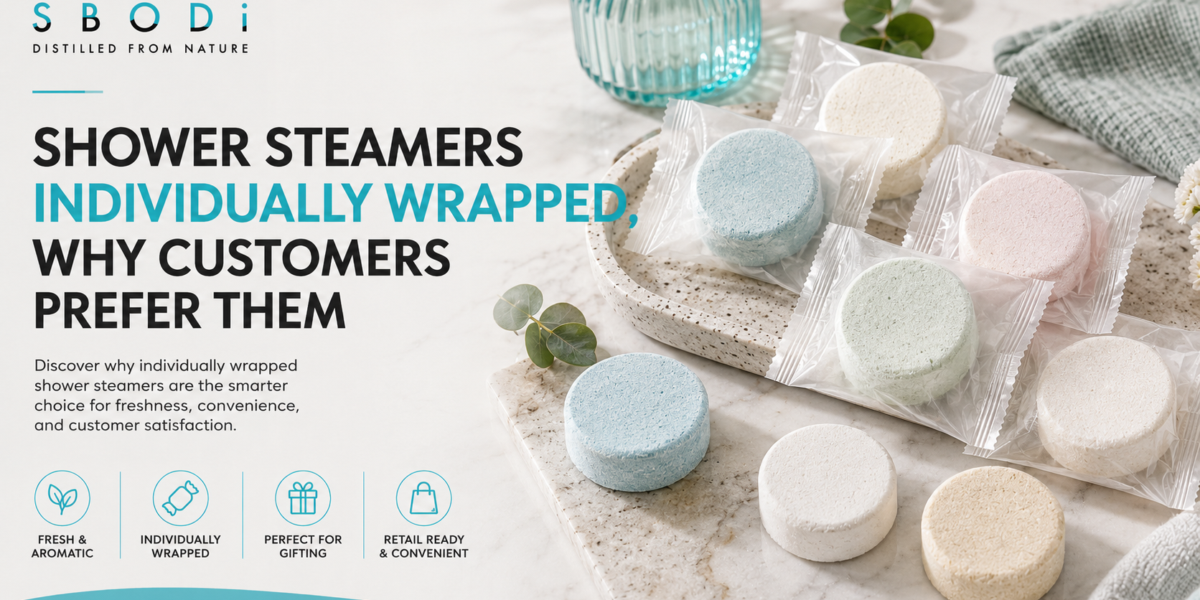 shower steamers individually wrapped on a spa bathroom counter