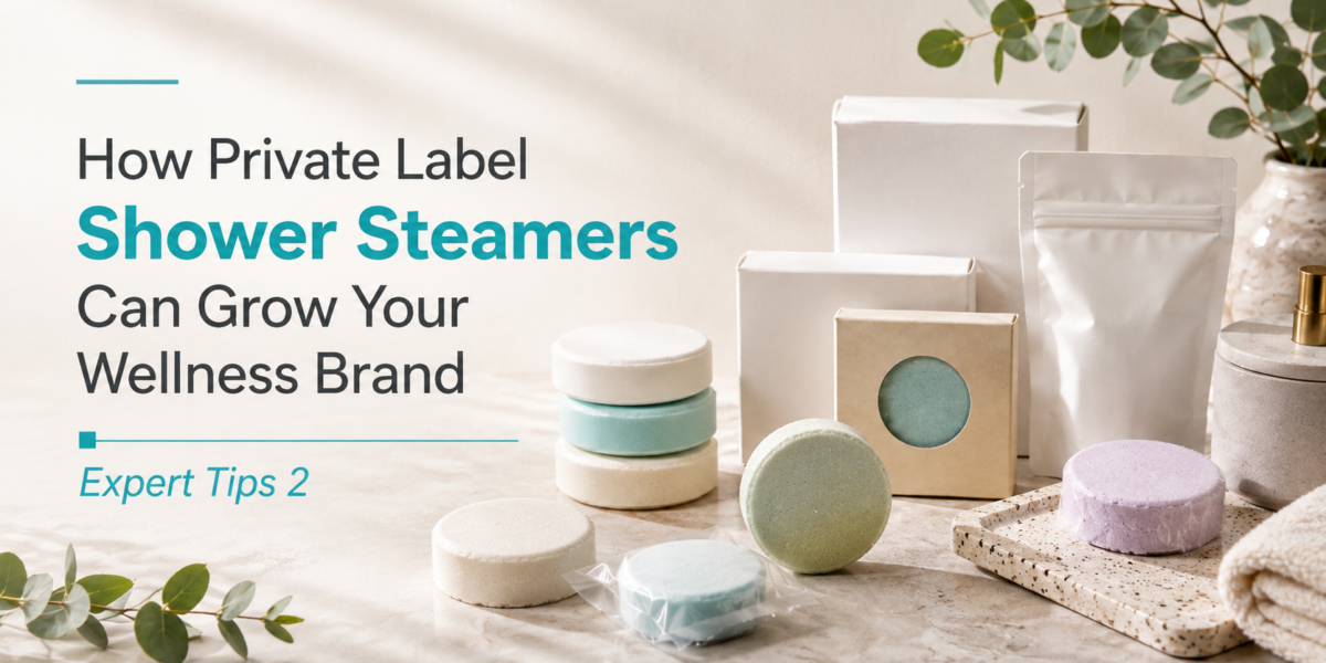 Private label shower steamers displayed with premium blank wellness packaging