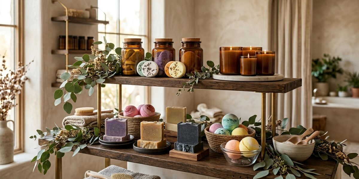 Private label shower steamers displayed in a luxury boutique wellness store