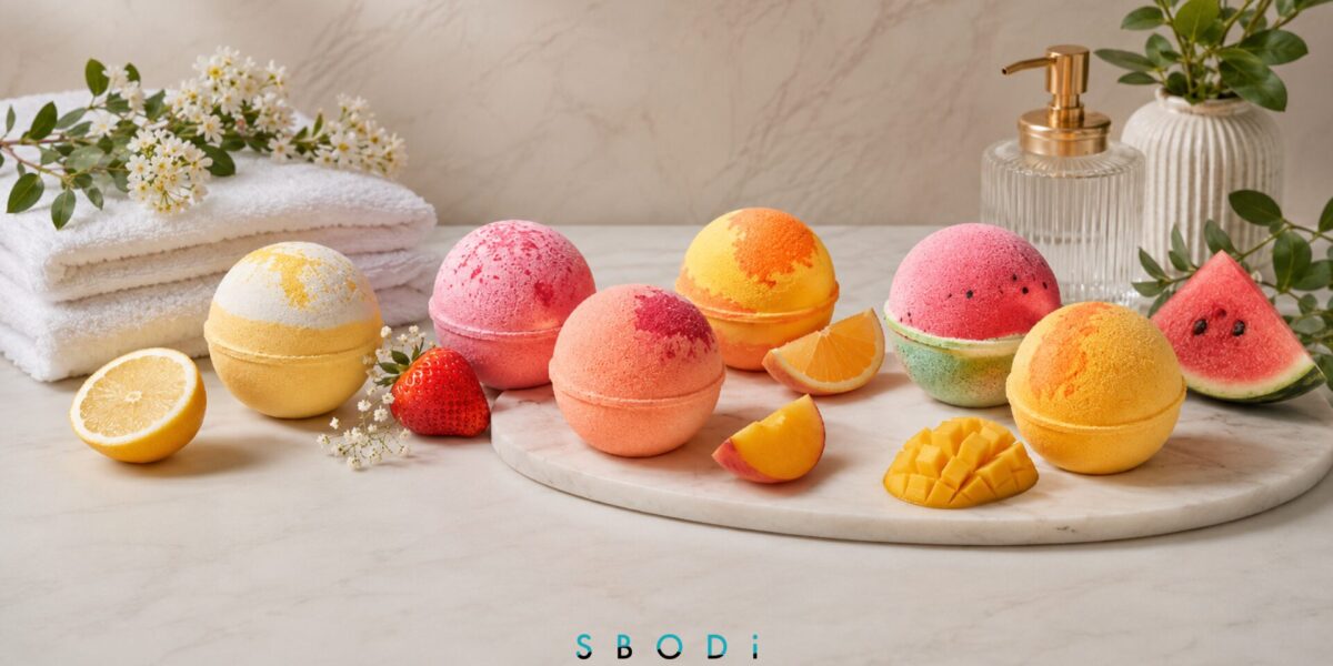 Fruit bath bombs arranged in a premium bath and body product display
