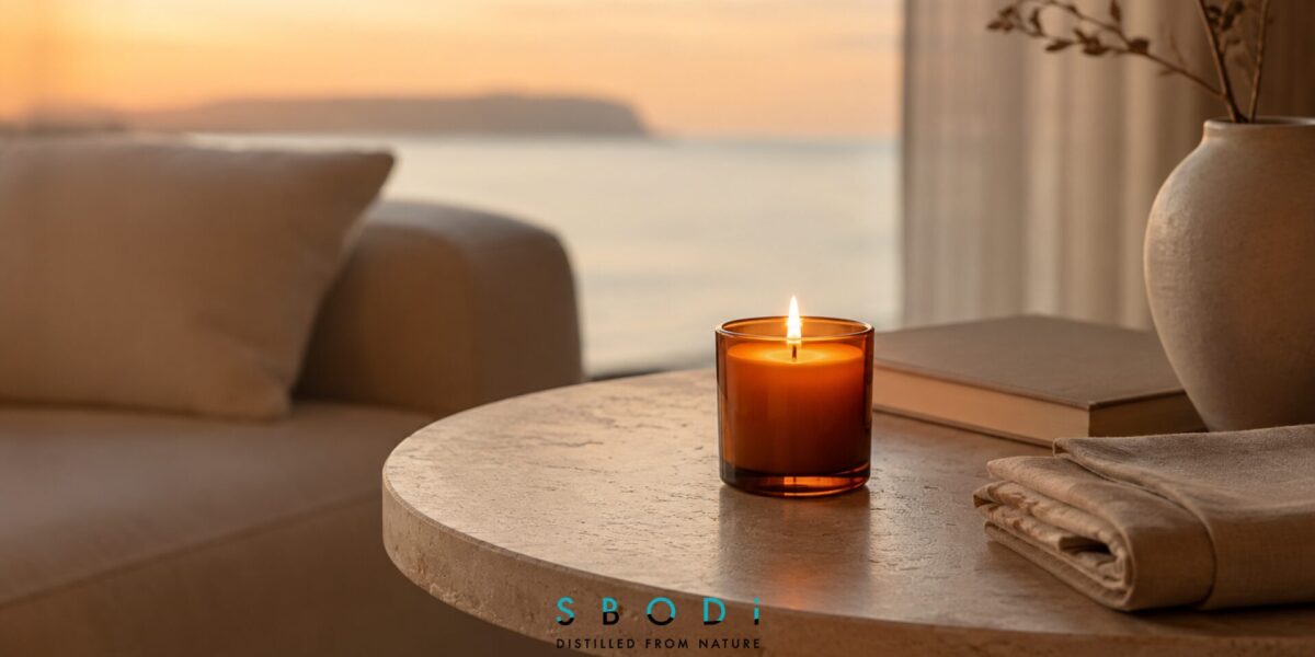 Amber candle creating a warm relaxation atmosphere