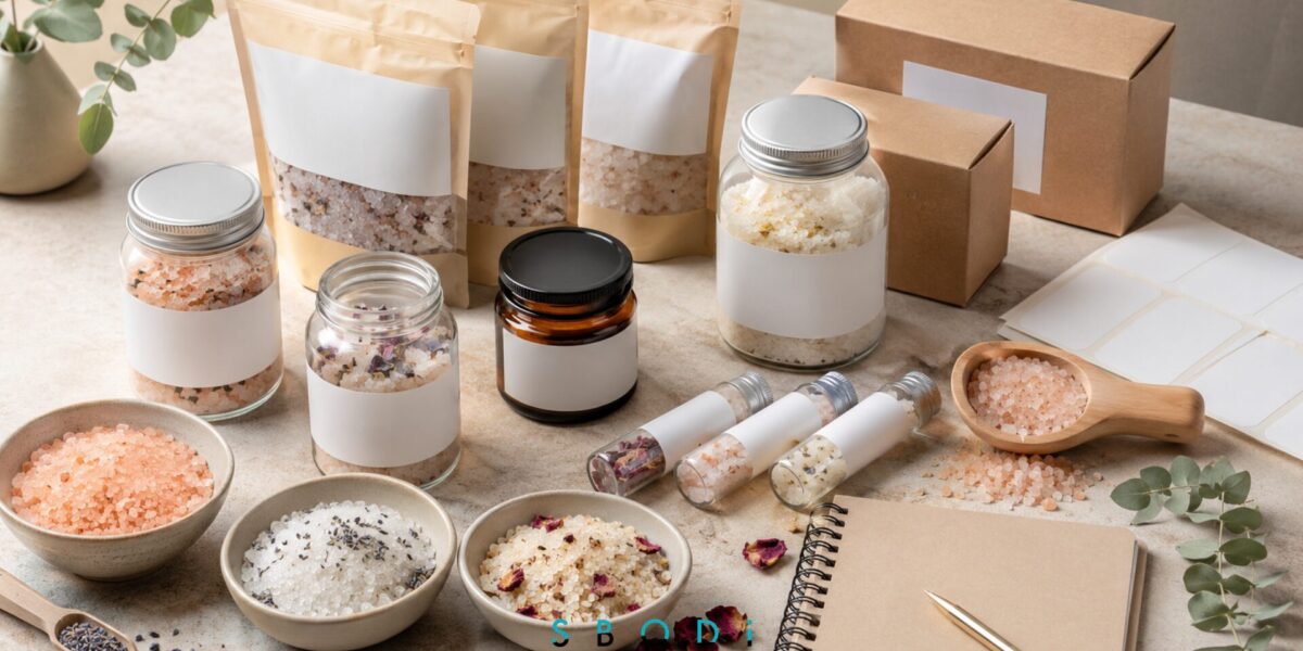 Wholesale bath salts in jars and pouches arranged for wellness brand product planning