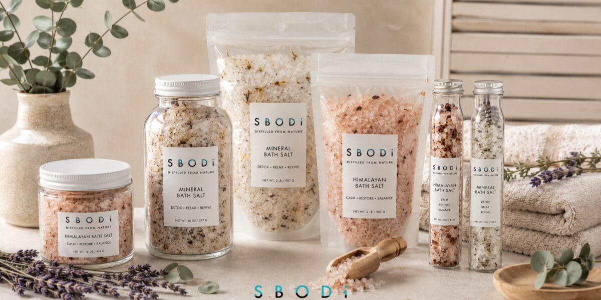 Private label bath salts USA collection for wellness brands with jars, pouches, and spa styling