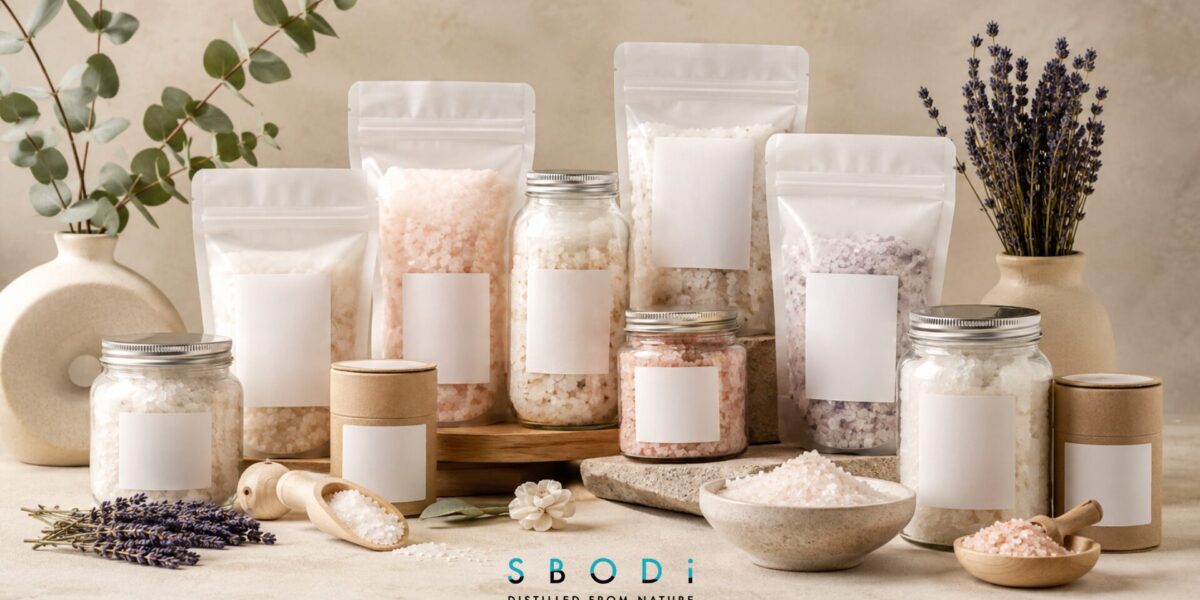 wholesale bath salts USA collection with jars pouches and bath soak packaging