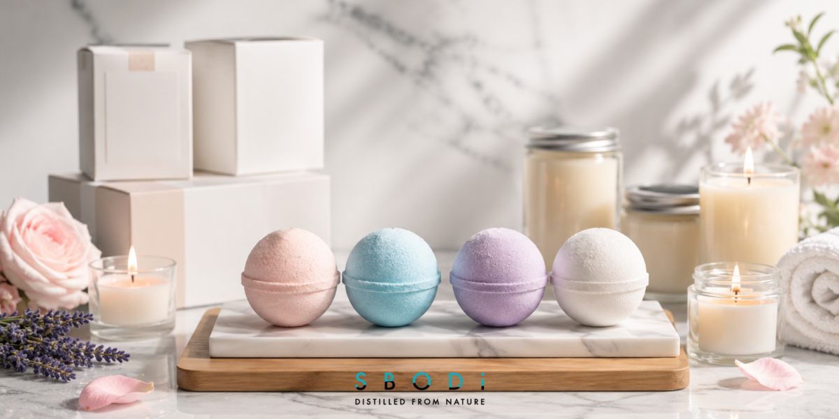 Wholesale bath bombs and private label bath and body products displayed in a modern spa setting with colorful bath bombs and packaging -Sbodi