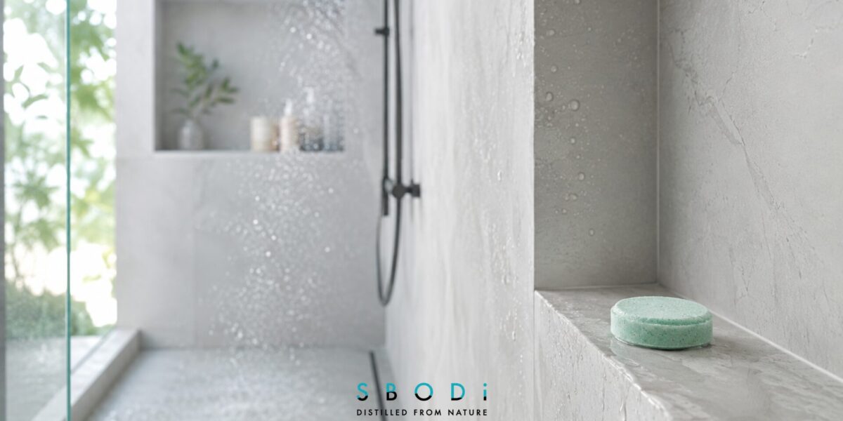 Peppermint shower steamer placed on a shower ledge near splashing water