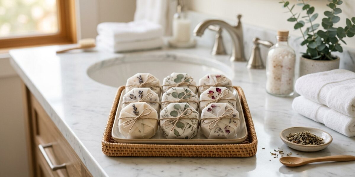 shower steamers individually wrapped on a spa bathroom counter