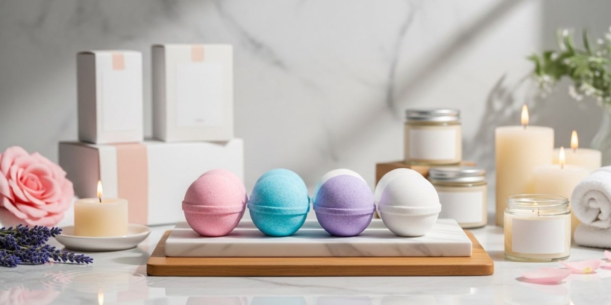 Wholesale bath bombs and private label bath and body products displayed in a modern spa setting with colorful bath bombs and packaging -Sbodi