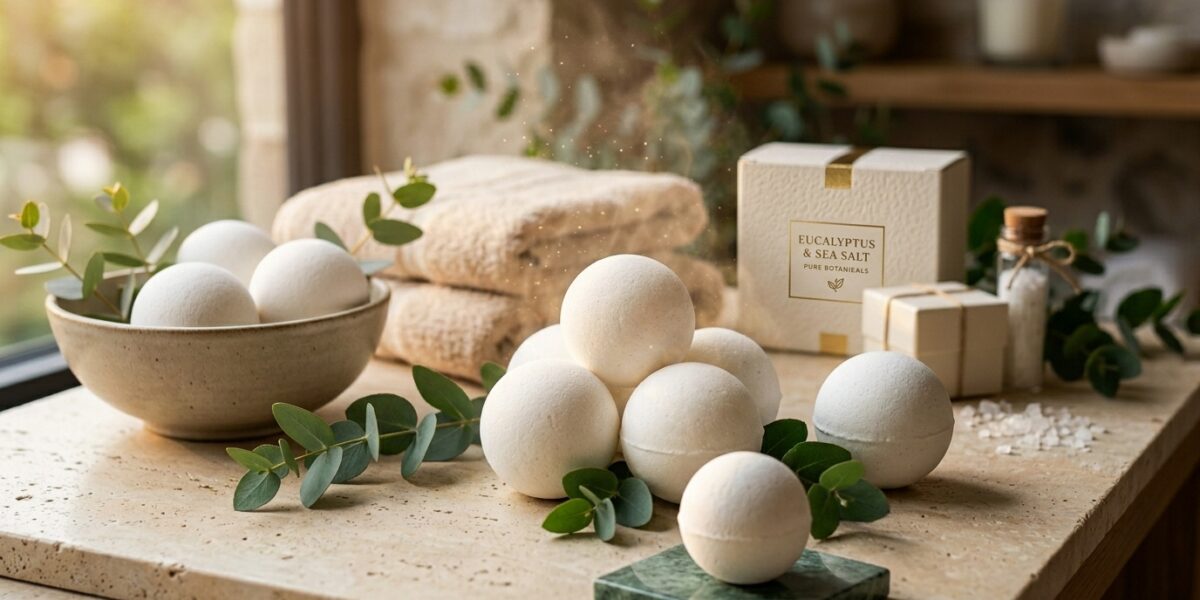 White bath bombs in a minimal spa product arrangement